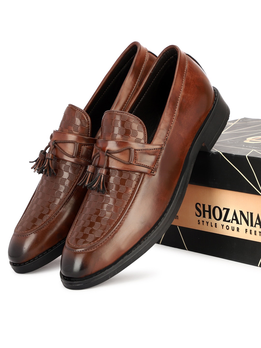 

SHOZANIA Men Textured Leather Formal Loafers, Brown