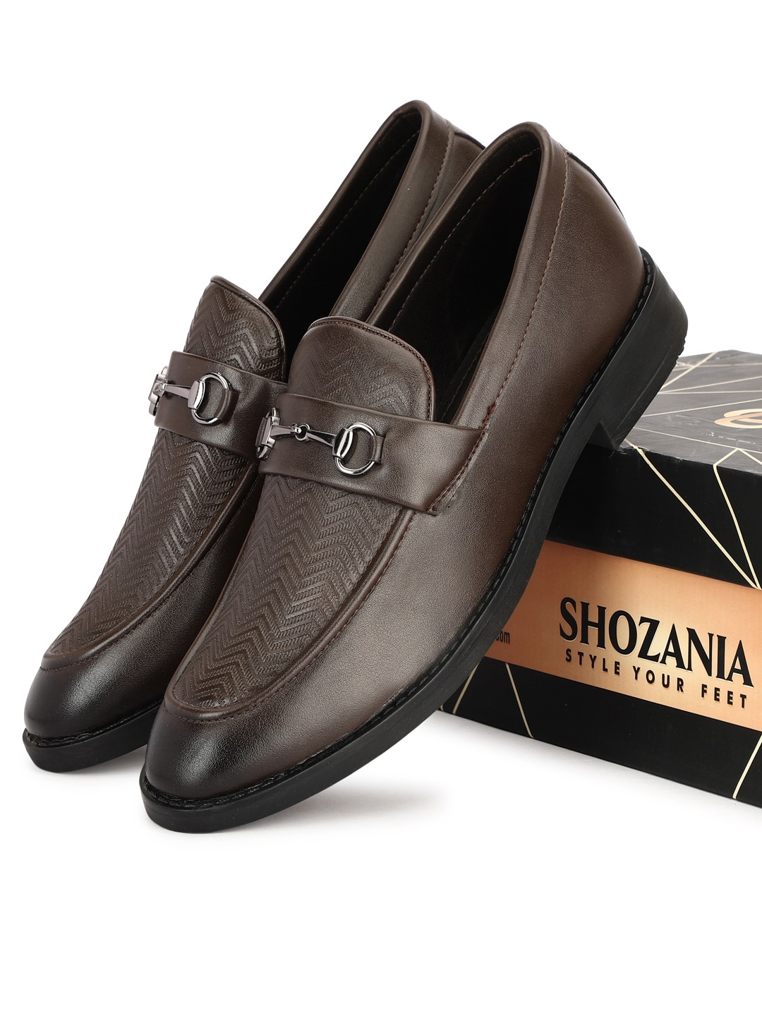 

SHOZANIA Men Textured Leather Formal Loafers, Brown