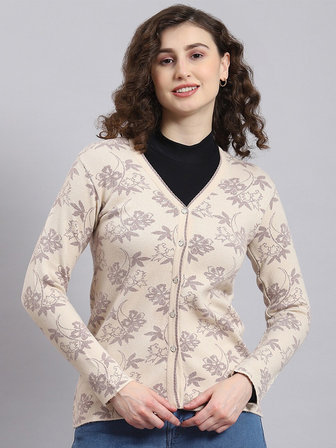 

Monte Carlo Floral Printed V-Neck Ribbed Cardigan, Beige