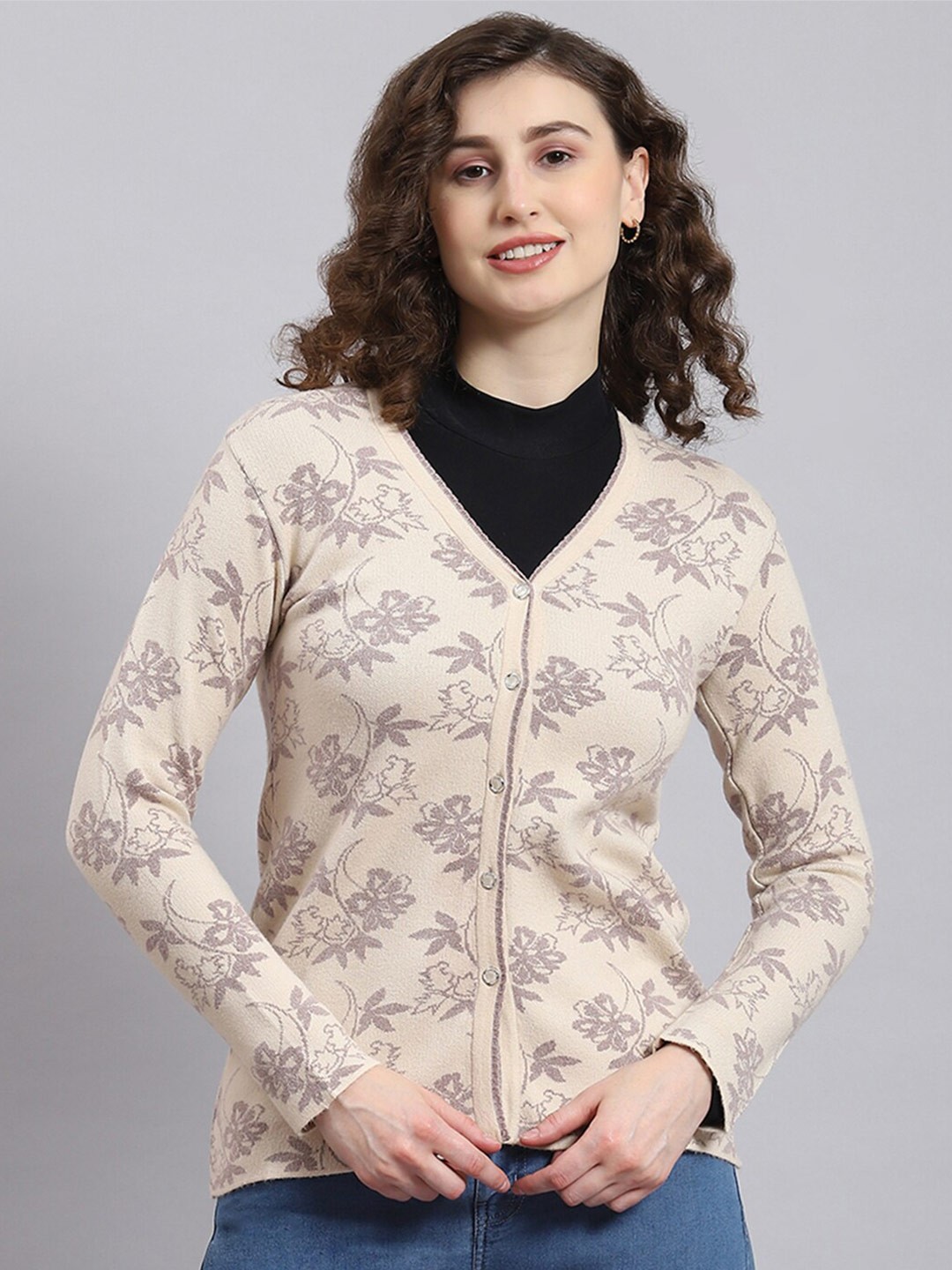 

Monte Carlo Floral Printed Woollen Cardigan Sweater, Beige