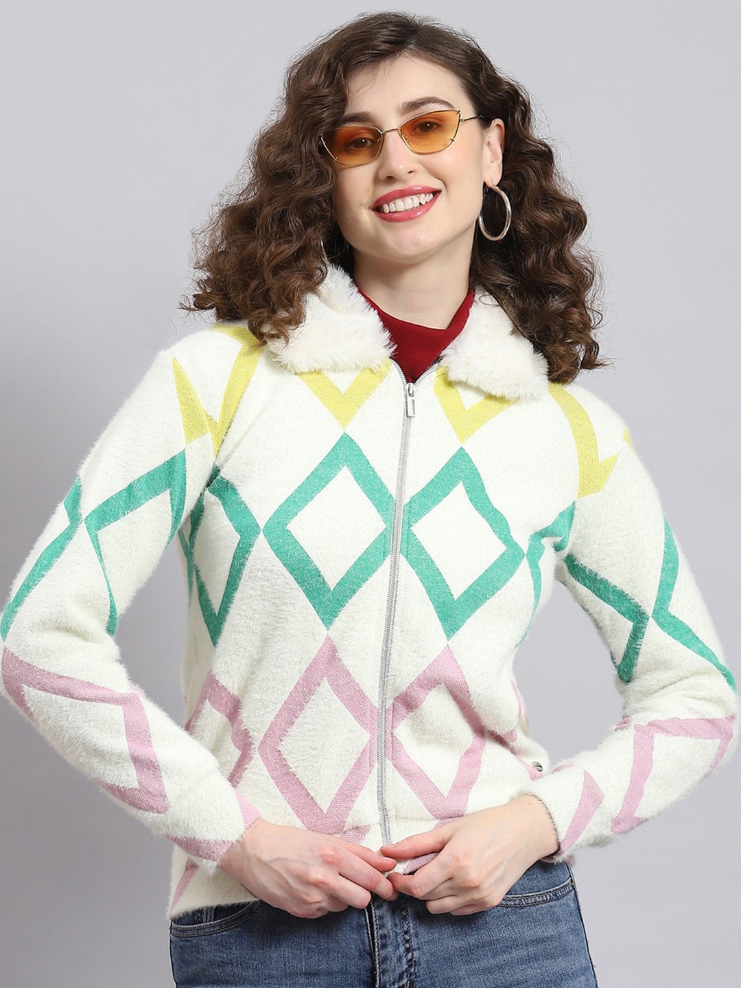 

Monte Carlo Geometric Printed Shirt Collar Front-Open Sweatshirt, Cream