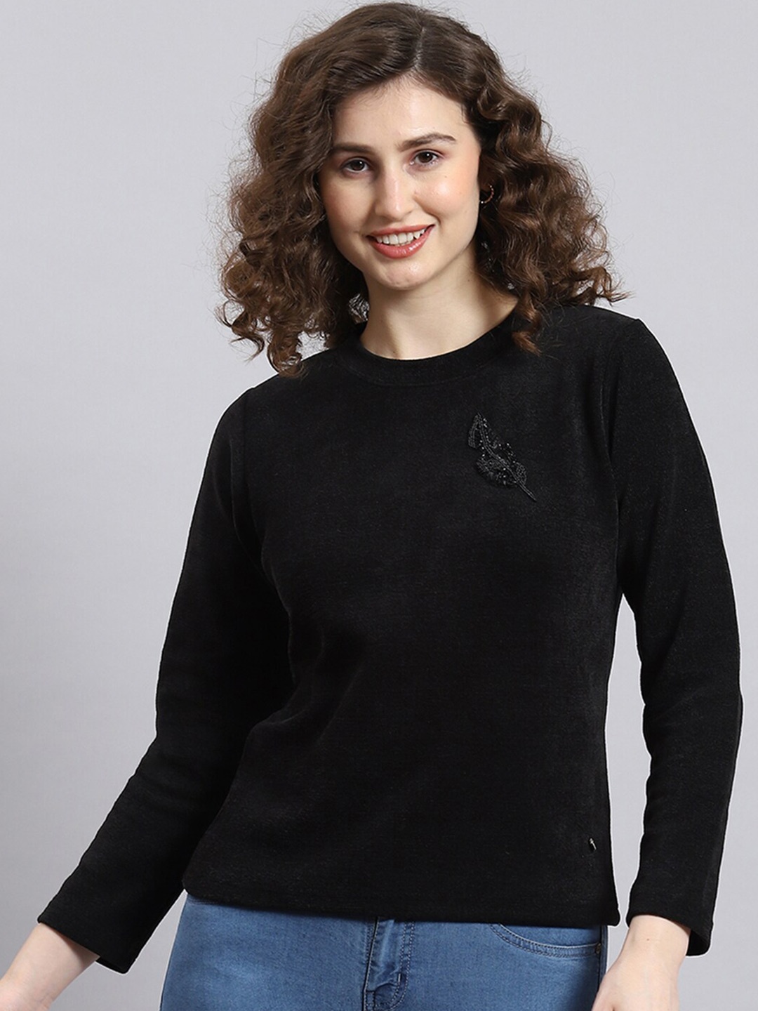 

Monte Carlo Round Neck Embroidered Pullover, Black