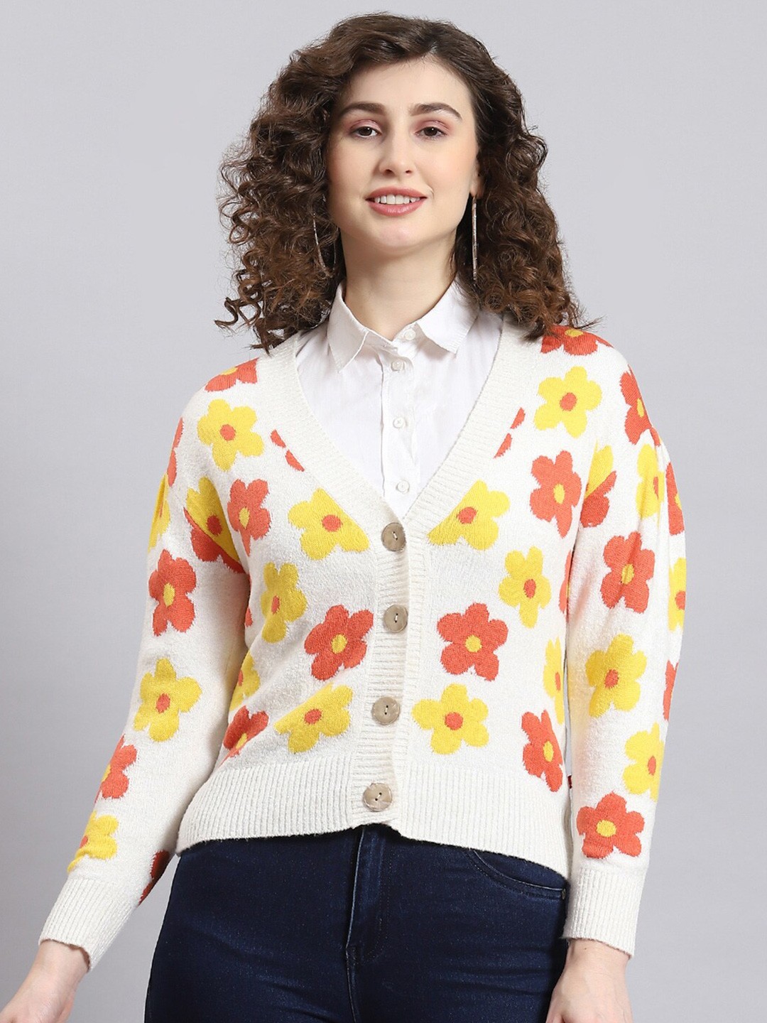 

Monte Carlo Floral Printed Woollen Cardigan, Off white