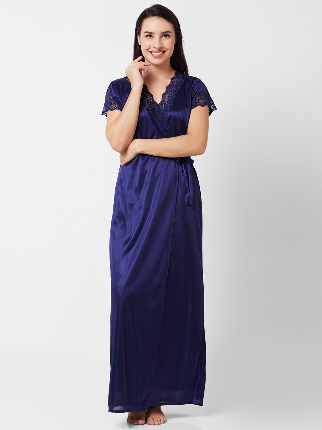 

NOIRA Satin Maxi Nightdress With Robe, Navy blue