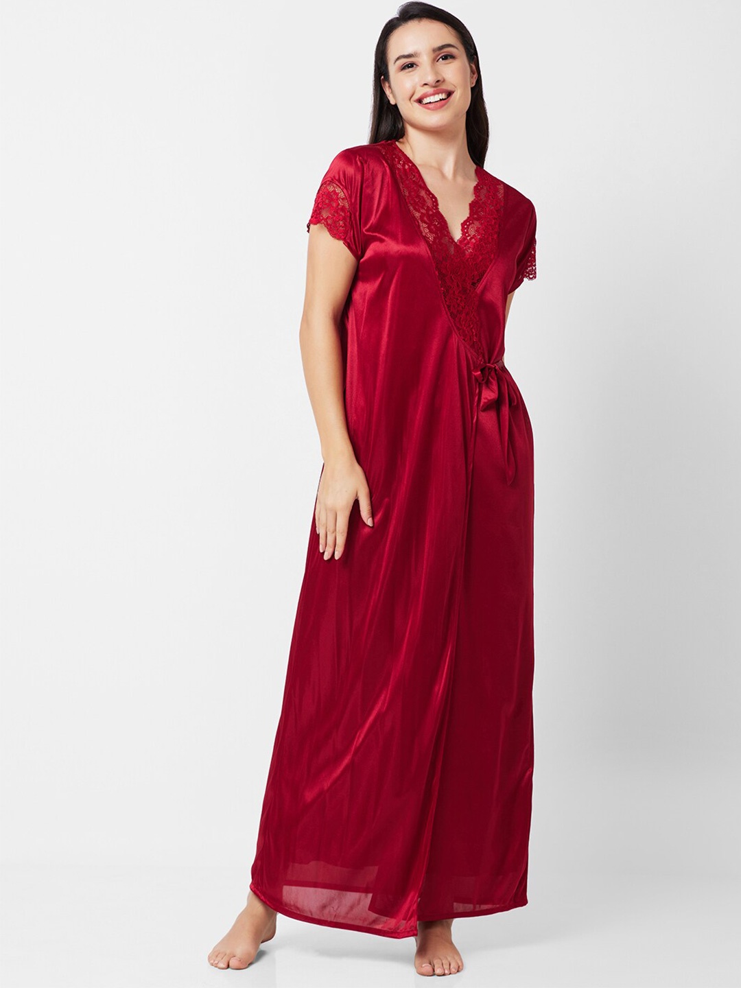 

NOIRA Satin Maxi Nightdress With Robe, Maroon