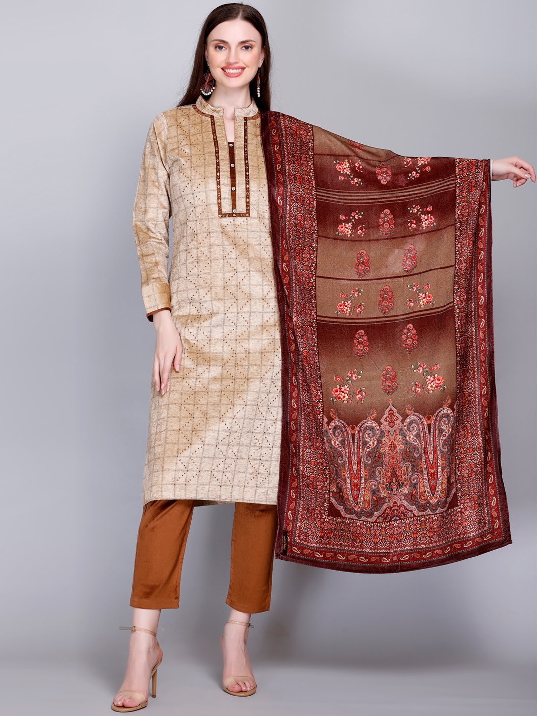 

VELVTINE Checked Beads And Stones Pure Wool Kurta With Trousers & Dupatta, Beige