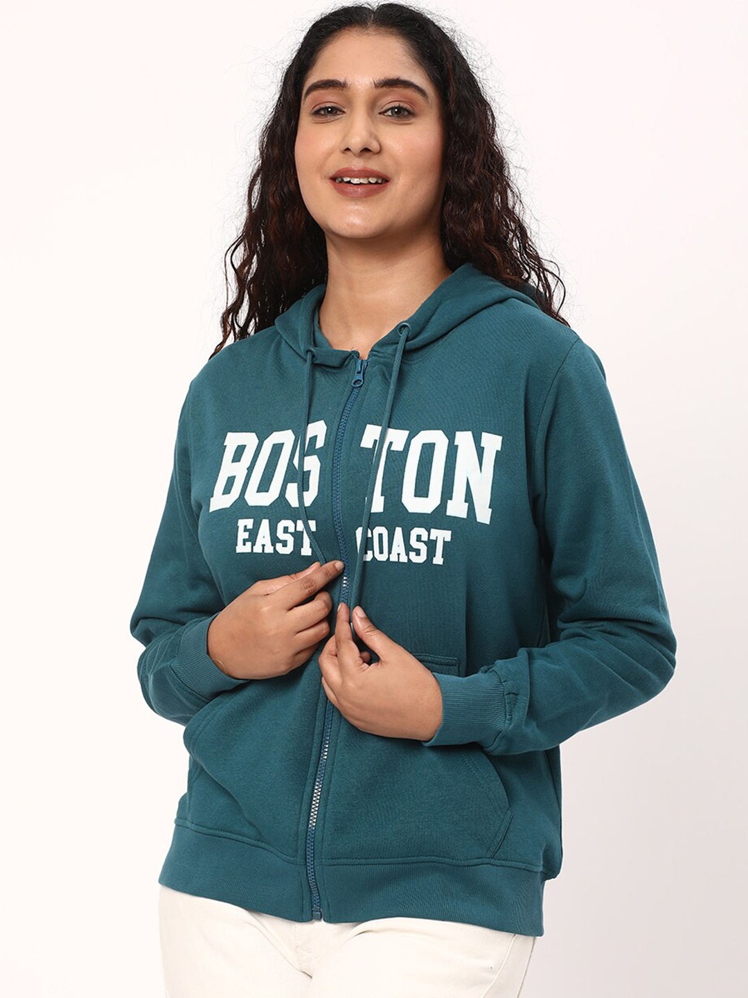 

R&B Typography Printed Hooded Cotton Open Front Jacket, Blue