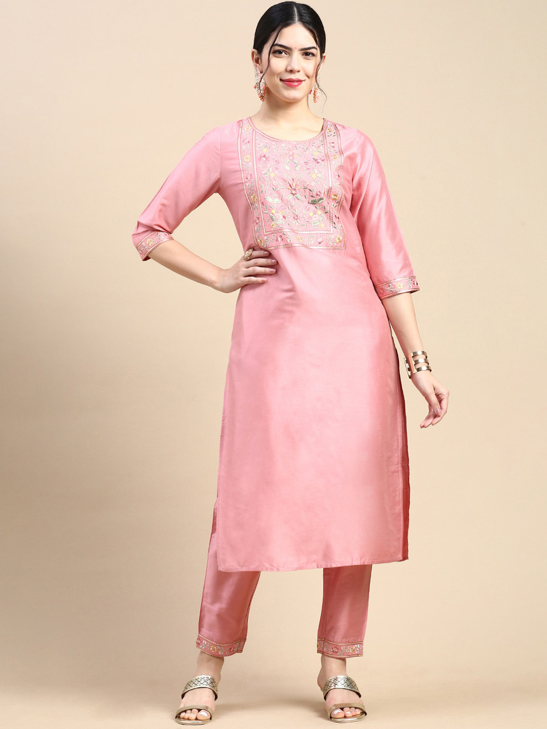 

Styli Ethnic Motifs Embroidered Regular Kurta with Trousers, Pink