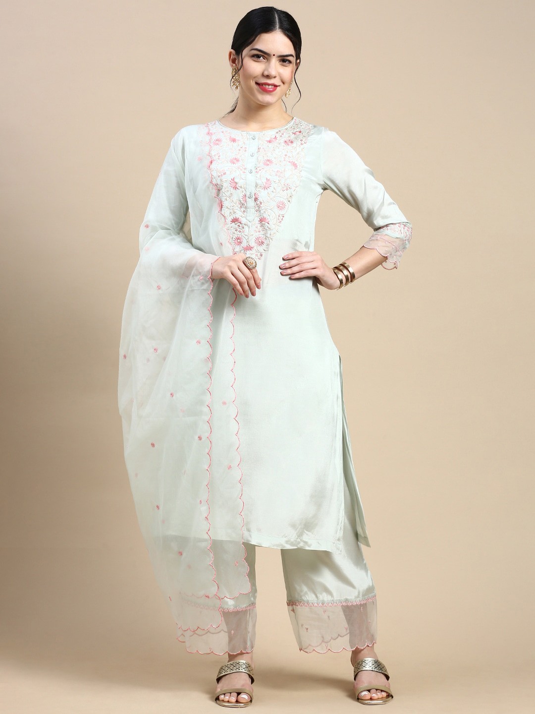 

Styli Blue Floral Embroidered Sequined Kurta with Trousers & Dupatta