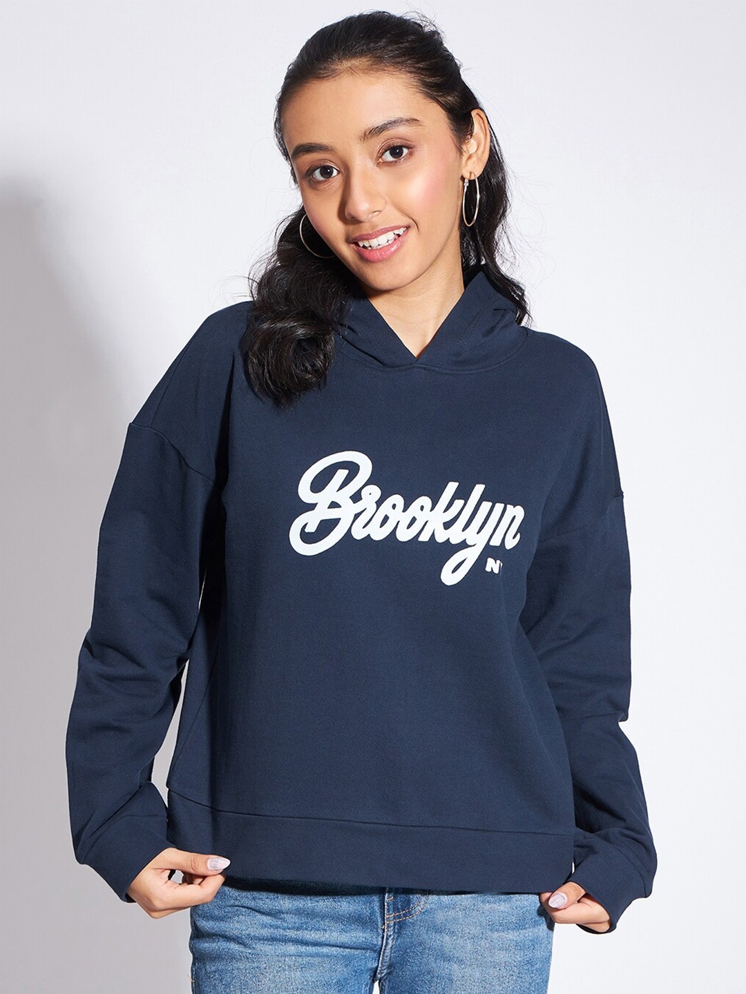 

luyk Girls Typography Printed Hooded Cotton Terry Sweatshirt, Navy blue