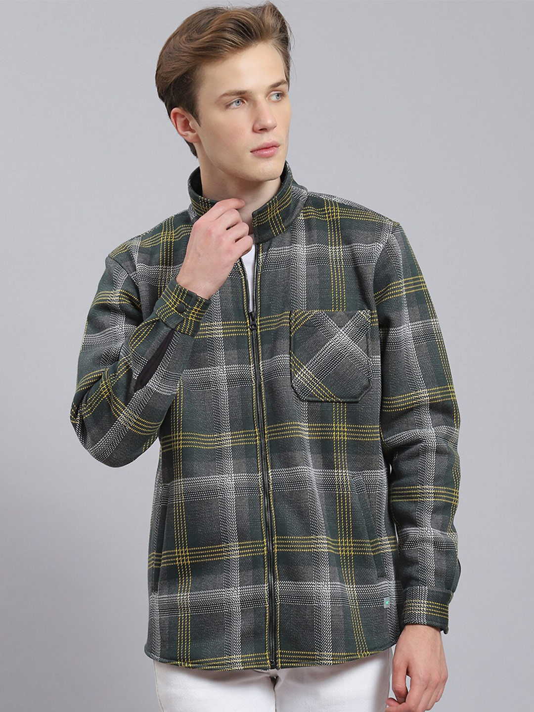 

Monte Carlo Tartan Checked Mock Collar Casual Shacket, Green