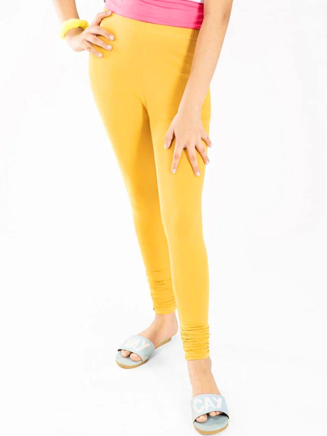 

FRENCH KLEIDER Girls Pure Cotton Churidar Length Leggings, Yellow