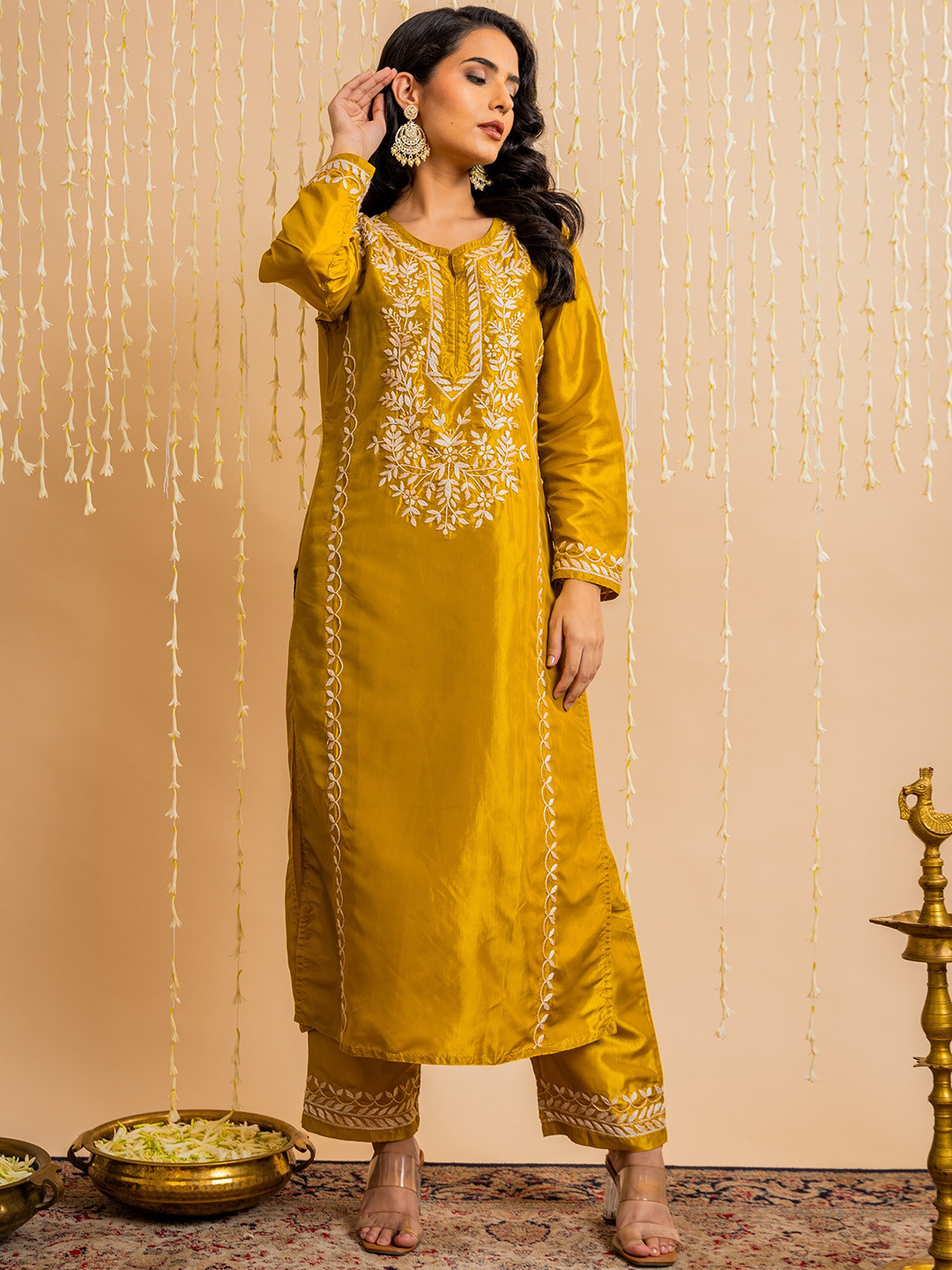 

HOUSE OF KARI Women Fizaa's Silk Chikankari Kurta Set, Mustard