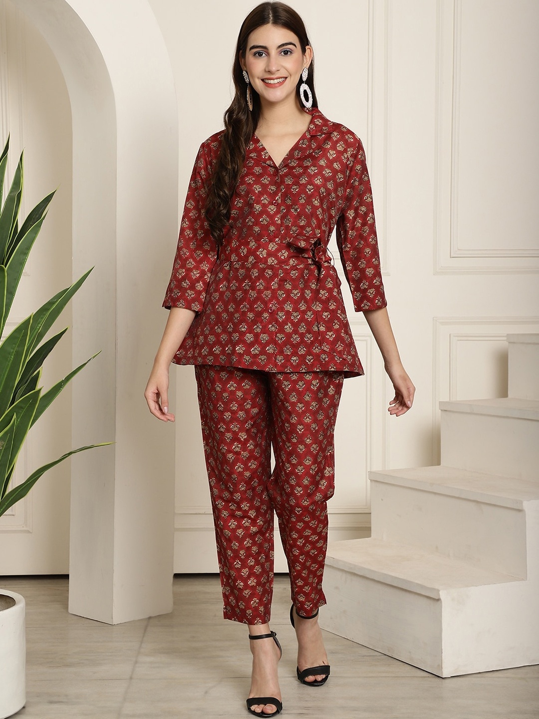 

KALINI Ethnic Motifs Printed Tunic With Trouser Ethnic Co-Ords, Maroon