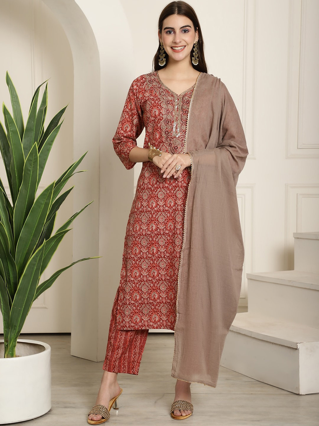 

KALINI Ethnic Motifs Printed Regular Pure Cotton Kurta With Trousers & Dupatta, Maroon