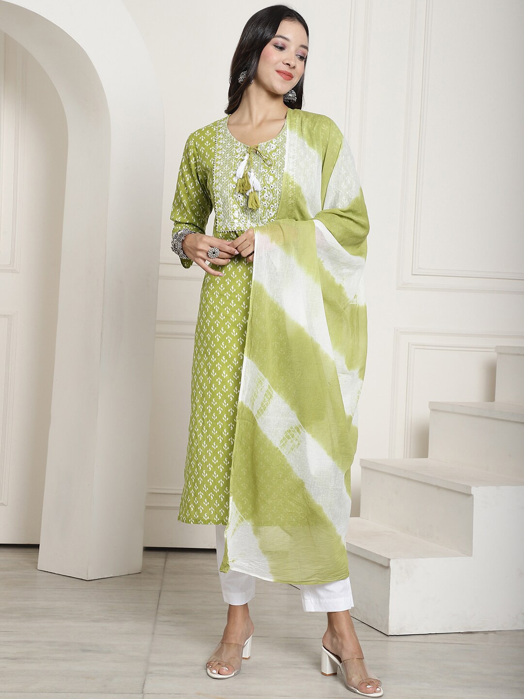 

KALINI Ethnic Motifs Printed Thread Work Pure Cotton Kurta With Trousers & Dupatta, Green