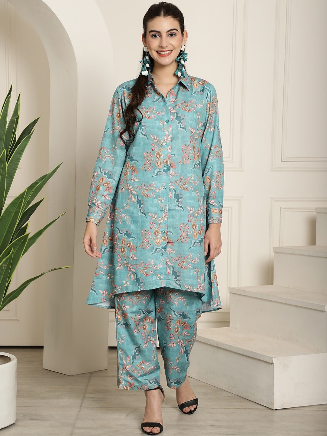 

KALINI Floral Printed Shirt Collar Cuffed sleeves A-Line Kurta with Trousers, Blue