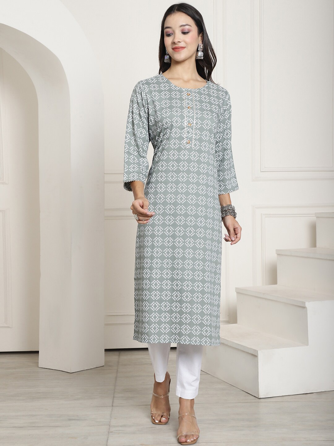 

KALINI Bandhani Printed Straight Kurta, Grey