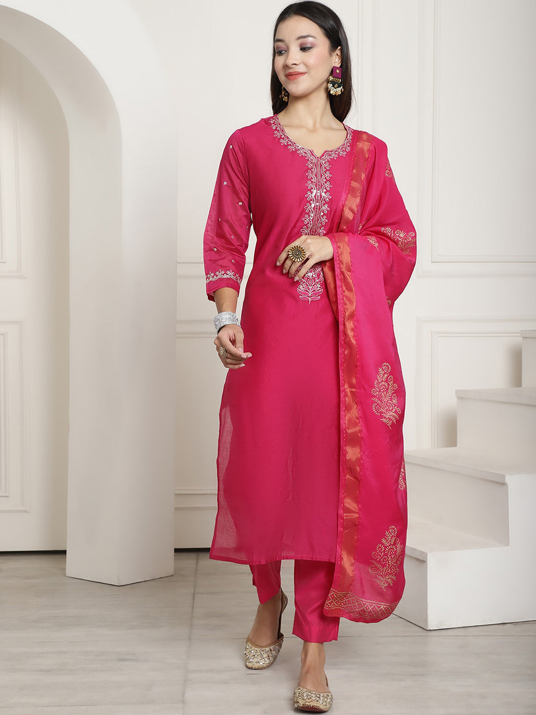 

KALINI Ethnic Motifs Embroidered Sequinned Chanderi Silk Kurta With Trousers & Dupatta, Pink
