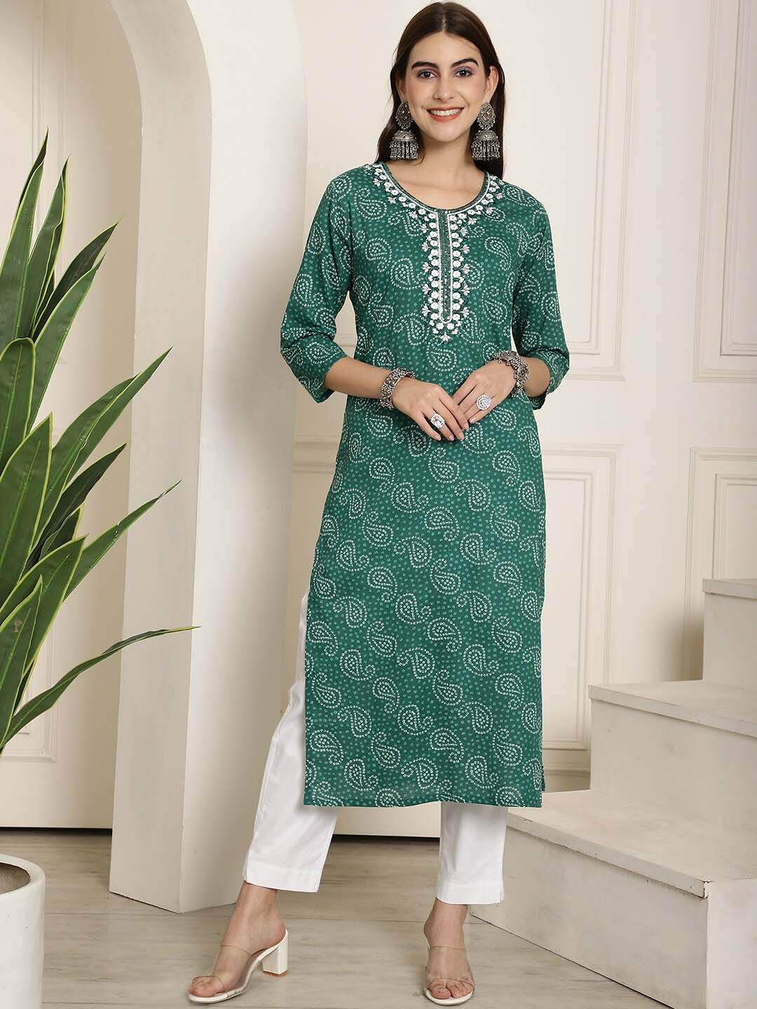 

KALINI Bandhani Printed Thread Work Cotton Straight Kurta, Green