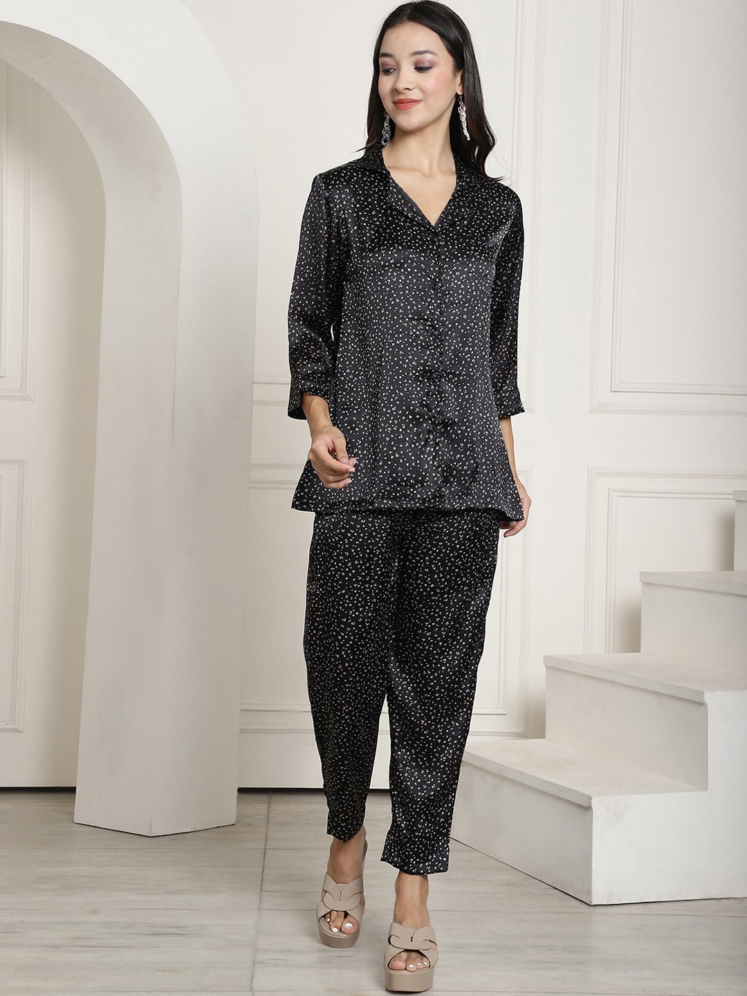 

KALINI Printed Shirt Collar Shirt With Trousers, Black