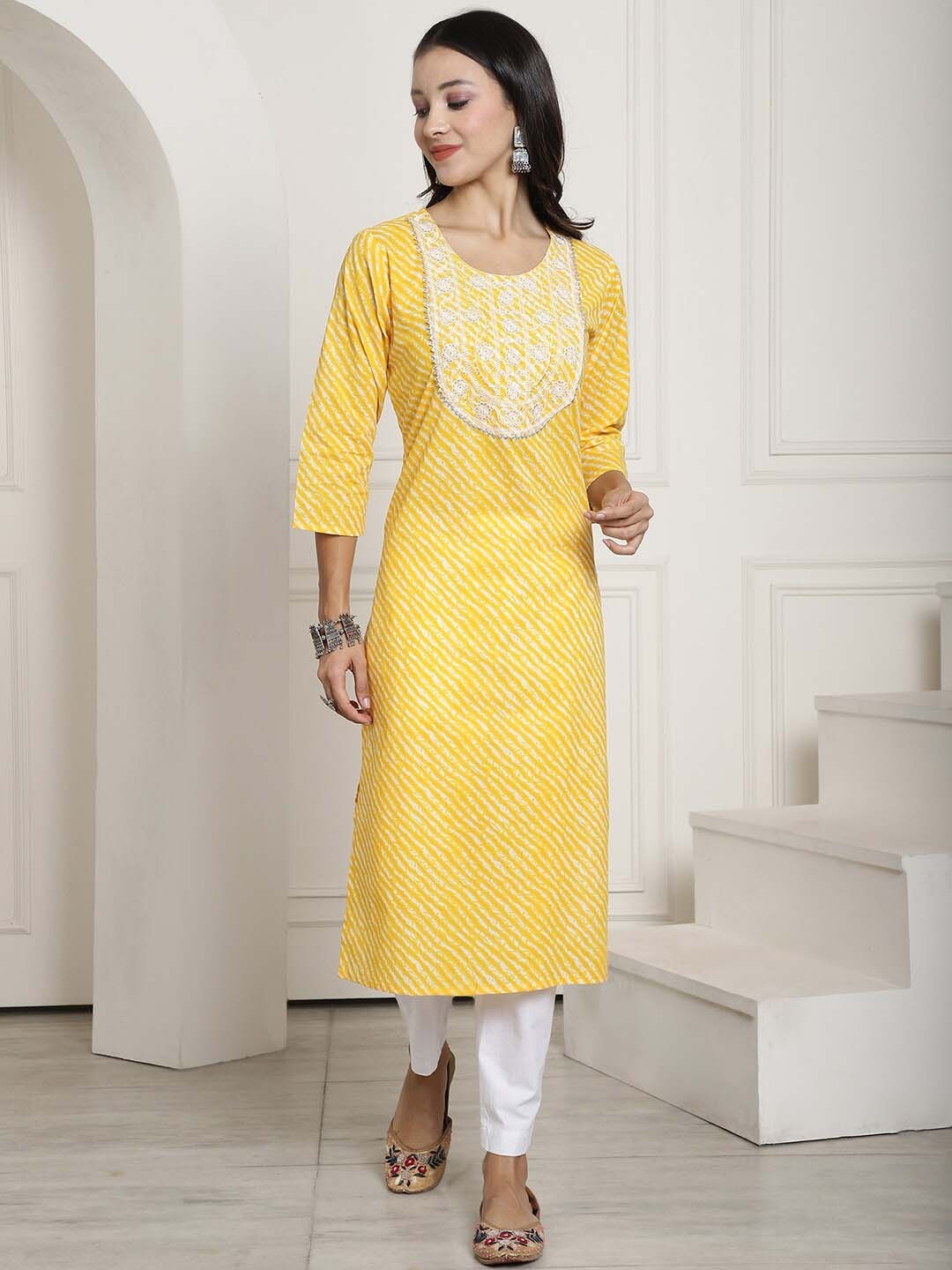 

KALINI Leheriya Printed Sequinned Pure Cotton Straight Kurta, Yellow