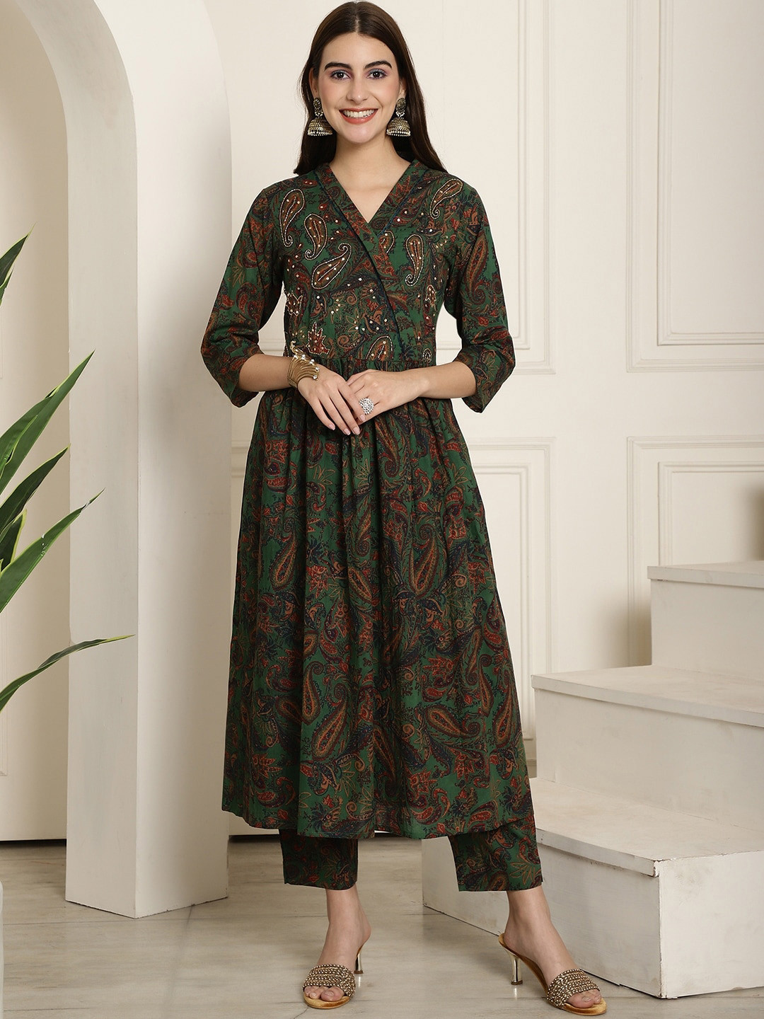 

KALINI Paisley Embroidered Anarkali Sequinned Pure Cotton Kurta with Trousers, Green