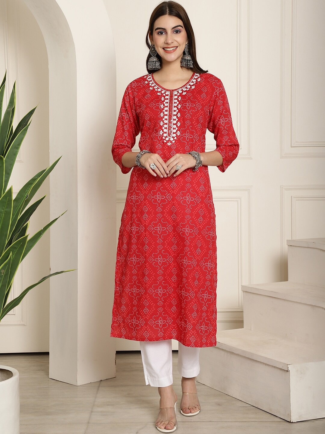 

KALINI Bandhani Printed Thread Work Pure Cotton Straight Kurta, Red