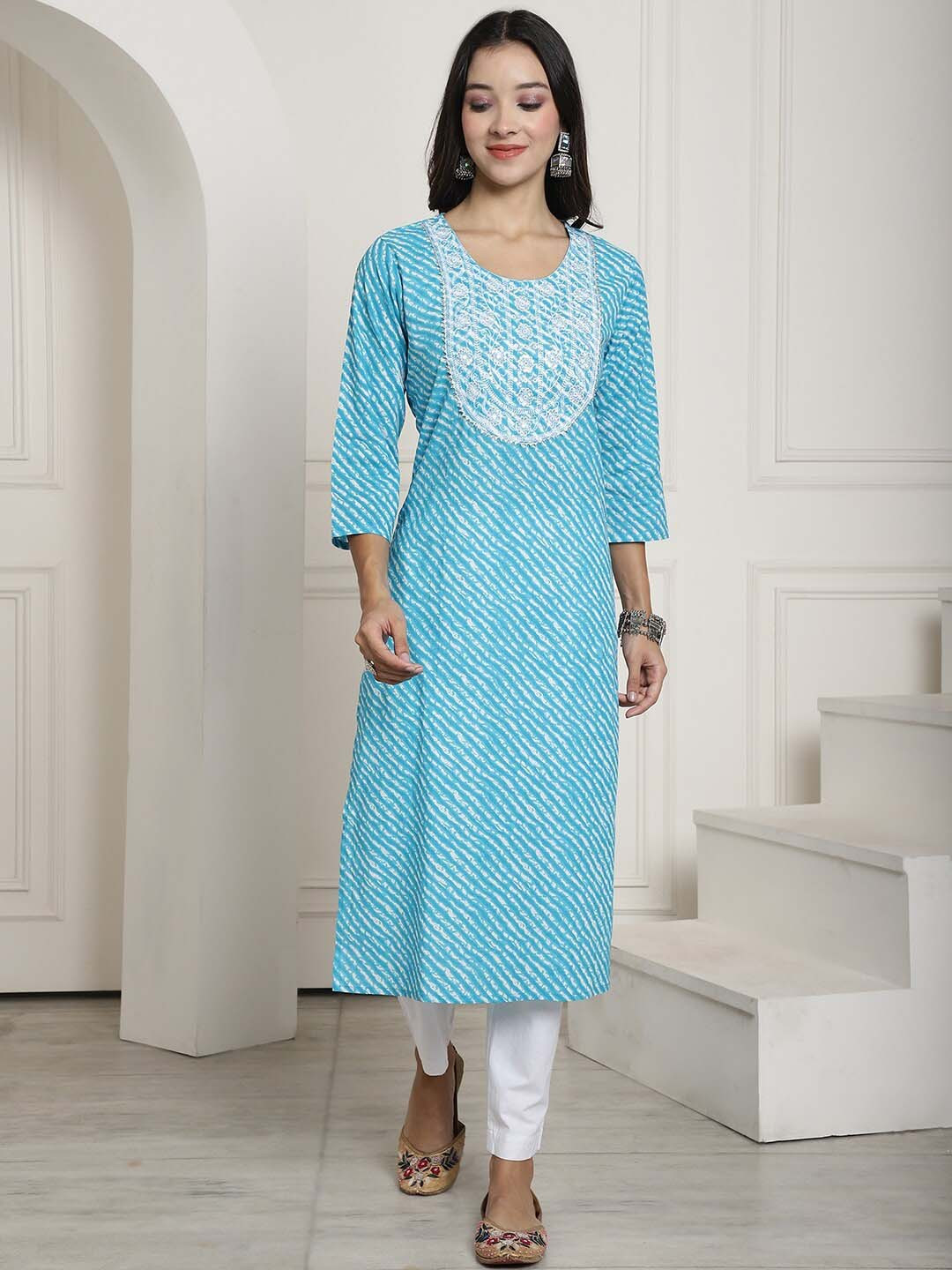 

KALINI Leheriya Printed Sequinned Pure Cotton Straight Kurta, Turquoise blue