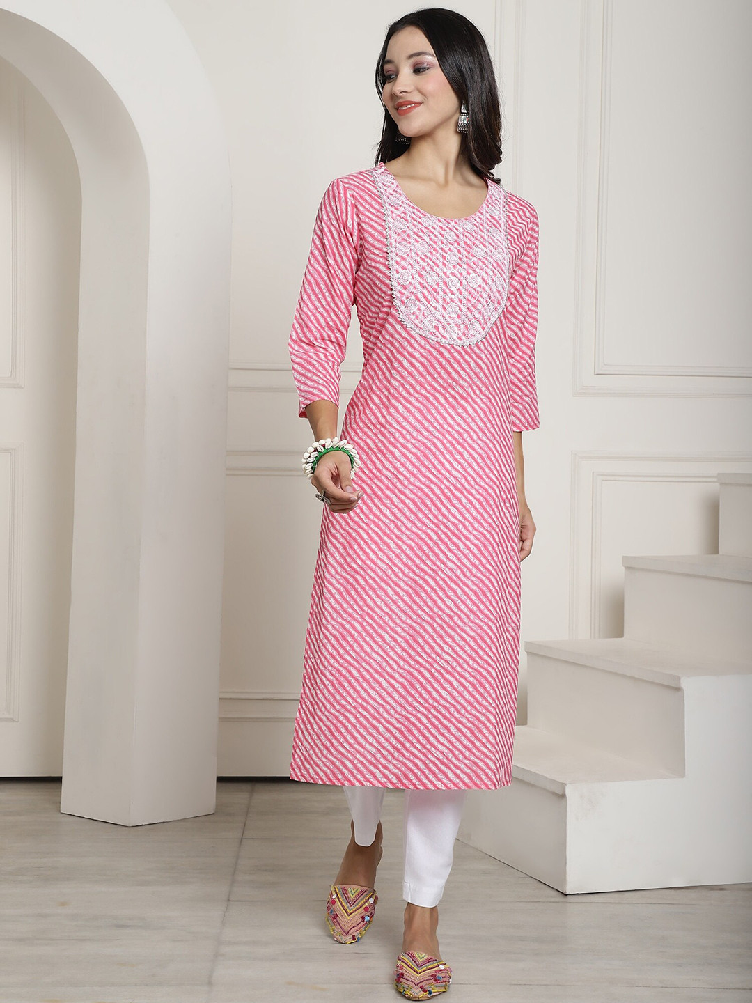 

KALINI Leheriya Printed Sequinned Pure Cotton Straight Kurta, Pink
