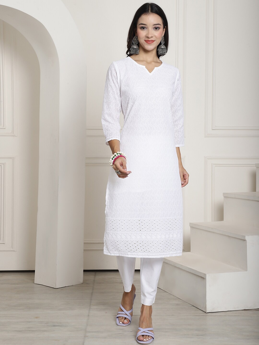 

KALINI Ethnic Motifs Embroidered Thread Work Straight Kurta, White