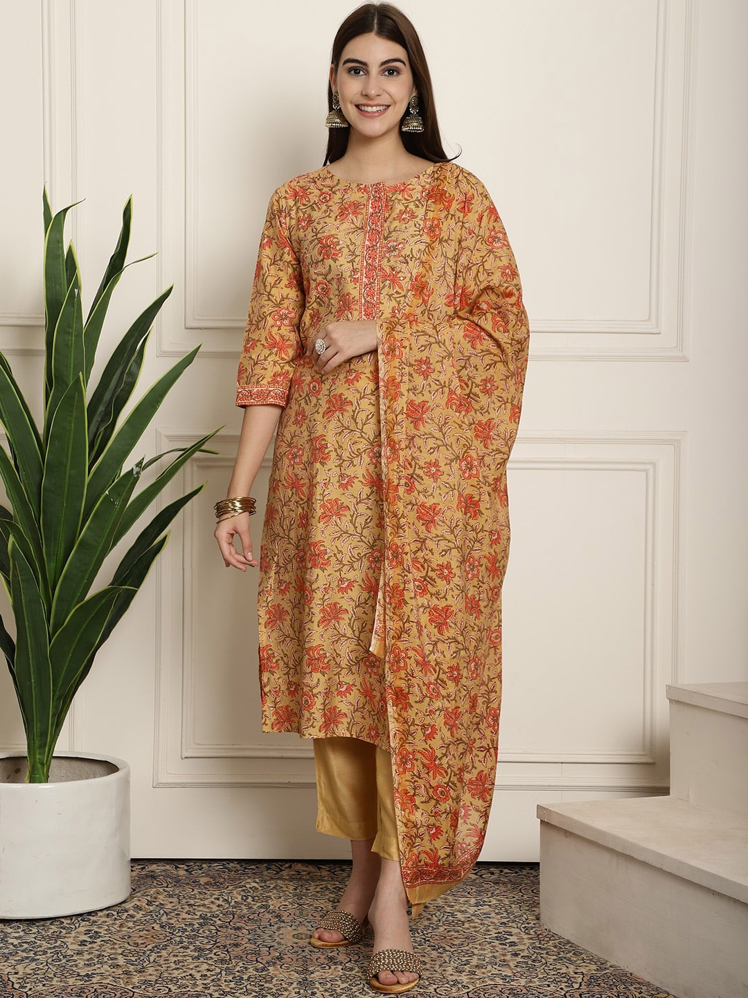 

KALINI Floral Printed Beads and Stones Chanderi Silk Kurta With Trousers & Dupatta, Mustard