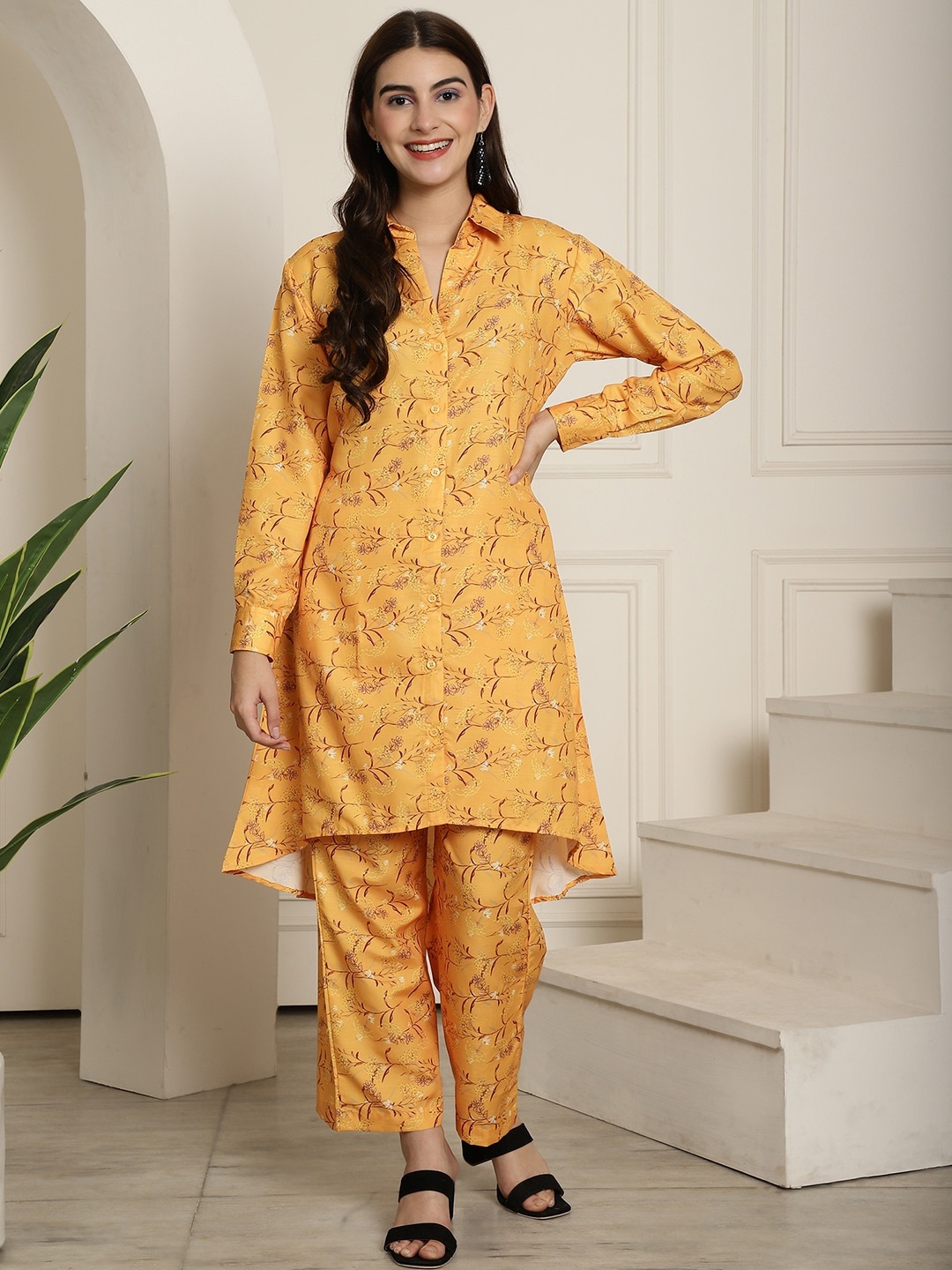 

KALINI Floral Printed Shirt Collar A-Line High-Low Kurta With Trouser Set, Mustard