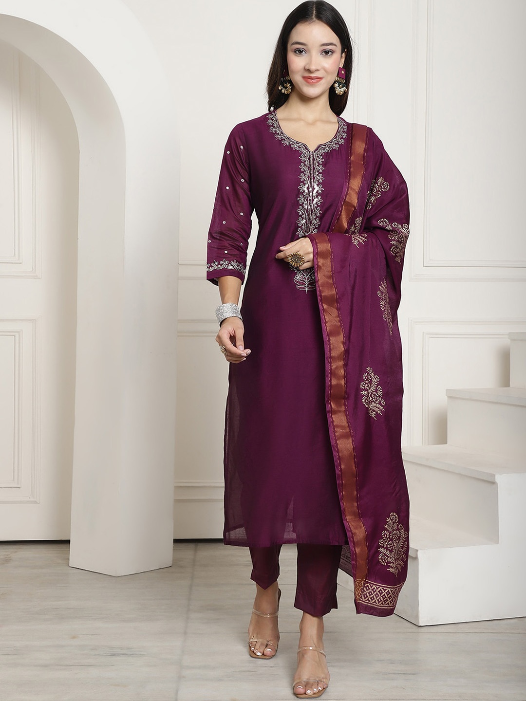 

KALINI Ethnic Motifs Embroidered Regular Kurta with Trousers & With Dupatta, Purple