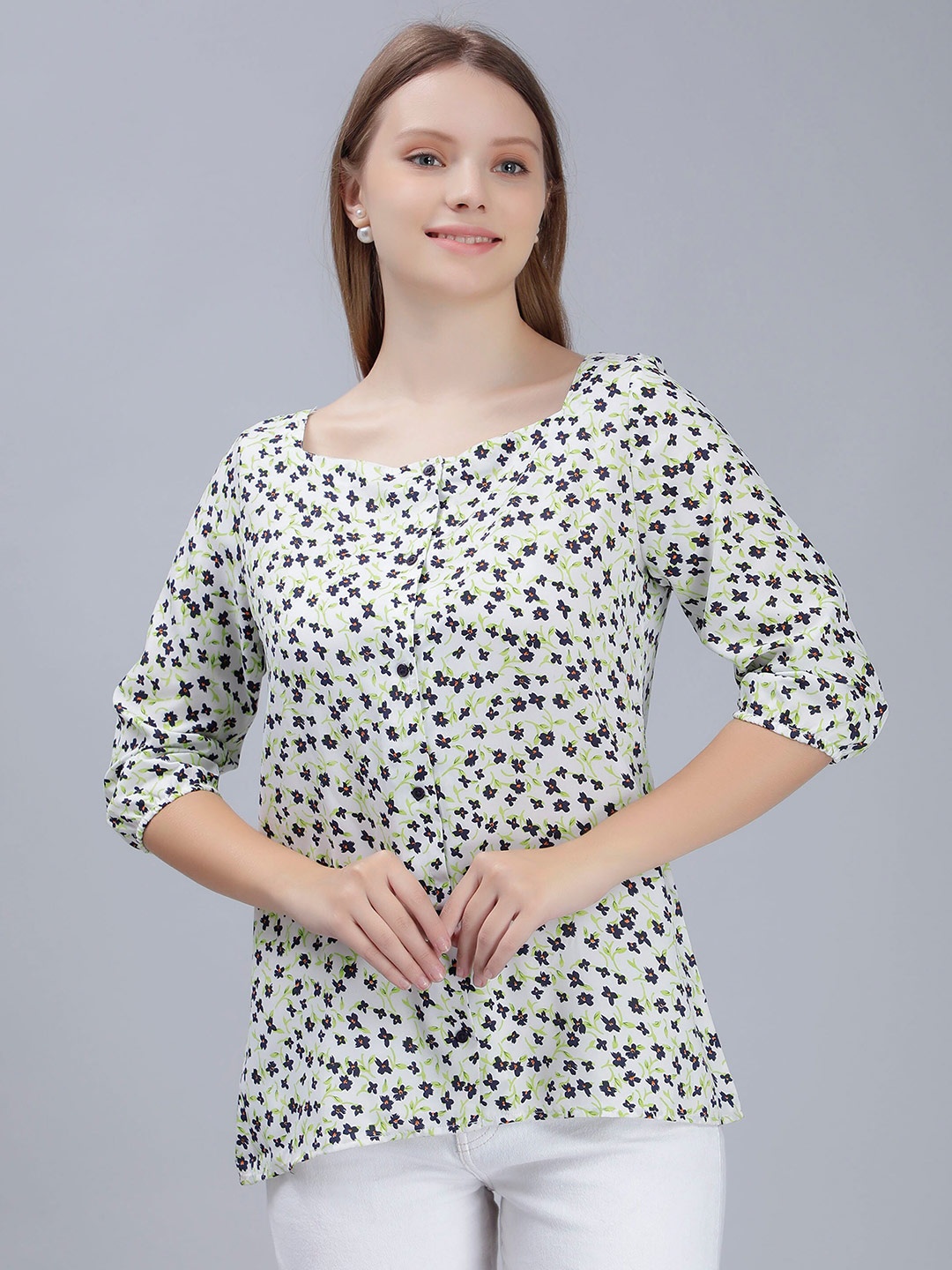 

ENTELLUS Floral Printed Square Neck Top, Off white