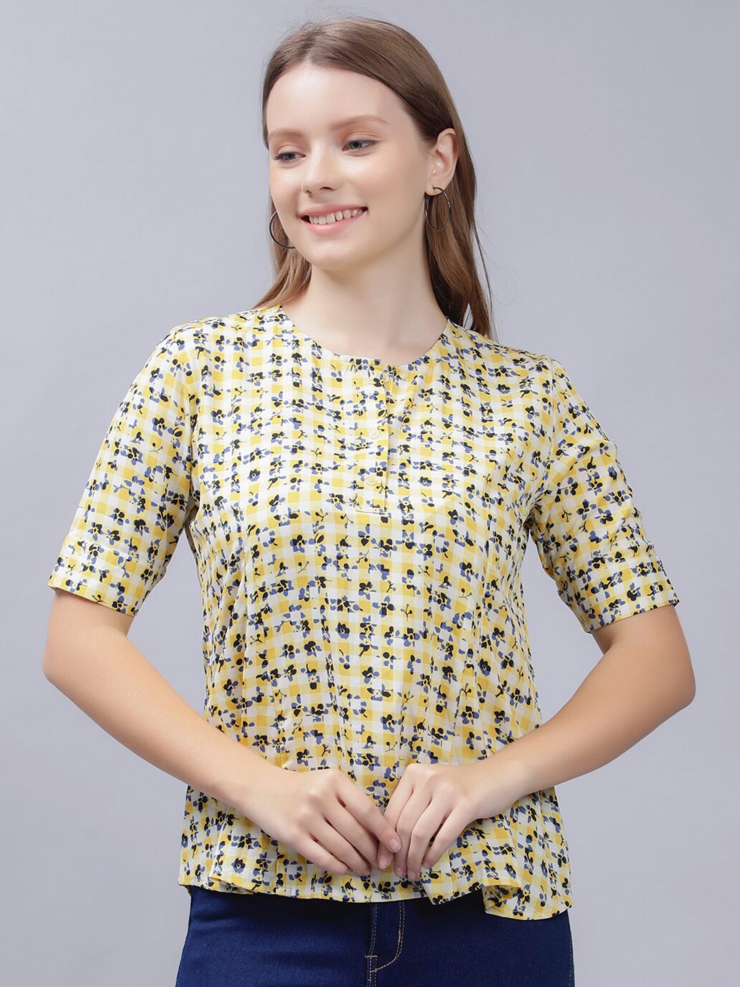 

ENTELLUS Floral Printed Round Neck Top, Yellow