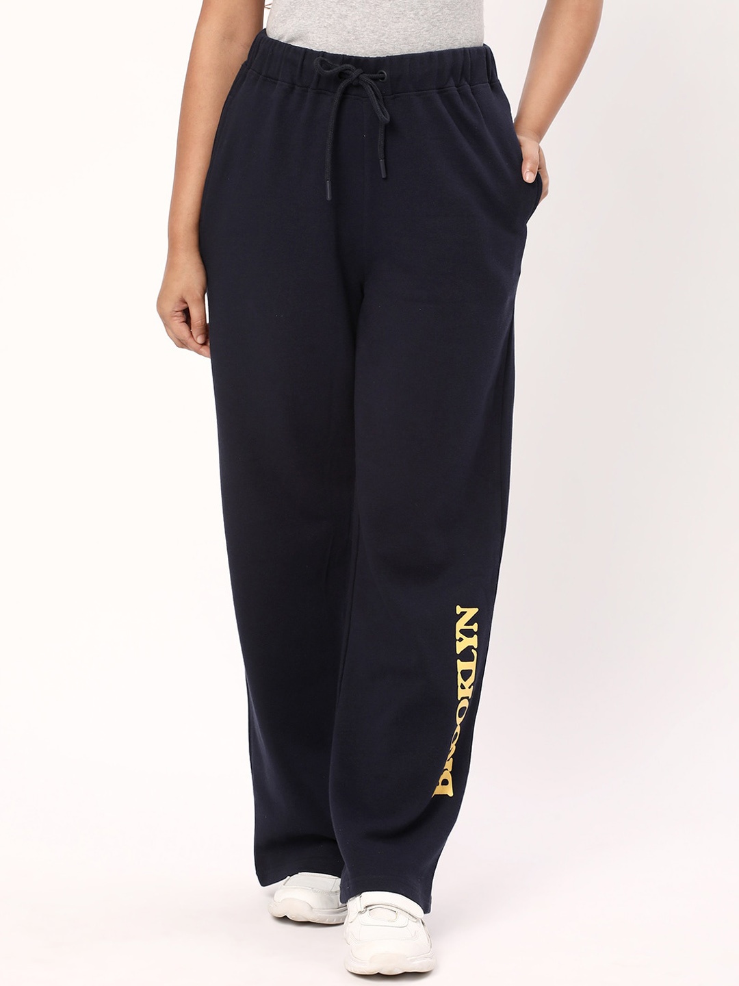 

R&B Women Typography Printed Cotton Track Pants, Navy blue