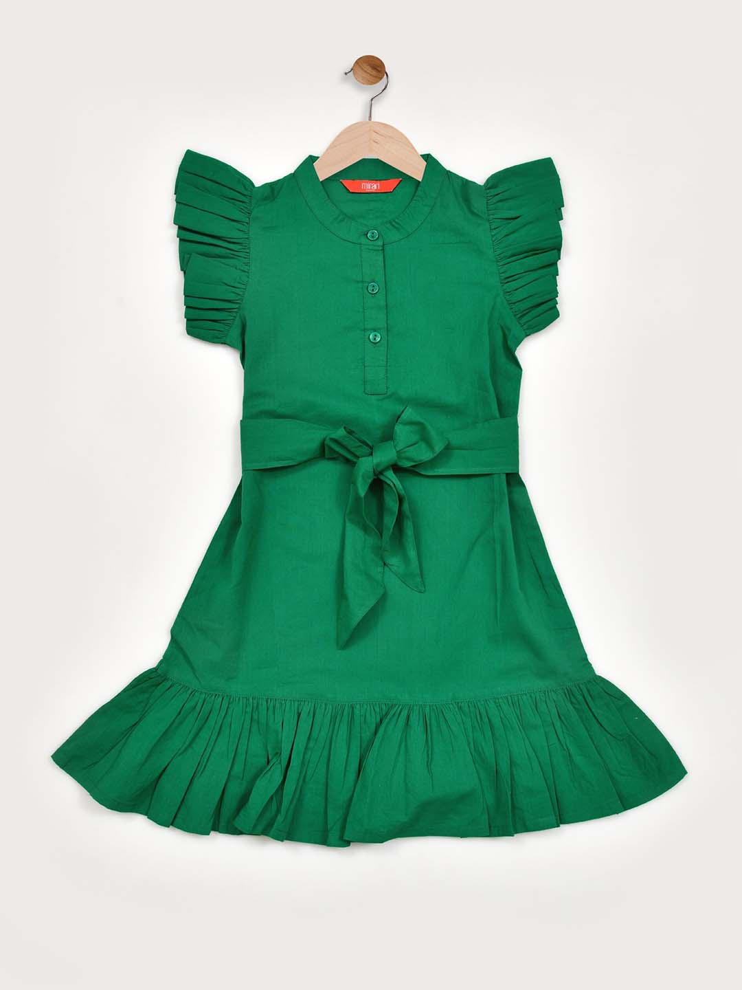 

mirari Girls Band Collar Flutter Sleeve Fit & Flare Cotton Dress, Green