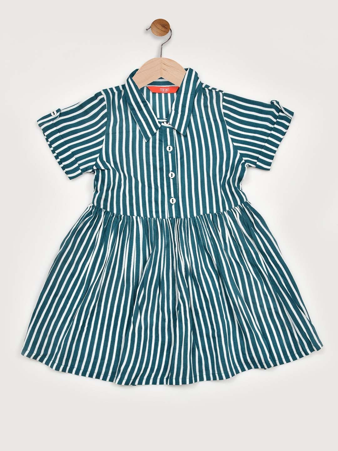 

mirari Girls Striped Shirt Collar Fit & Flare Dress, Teal