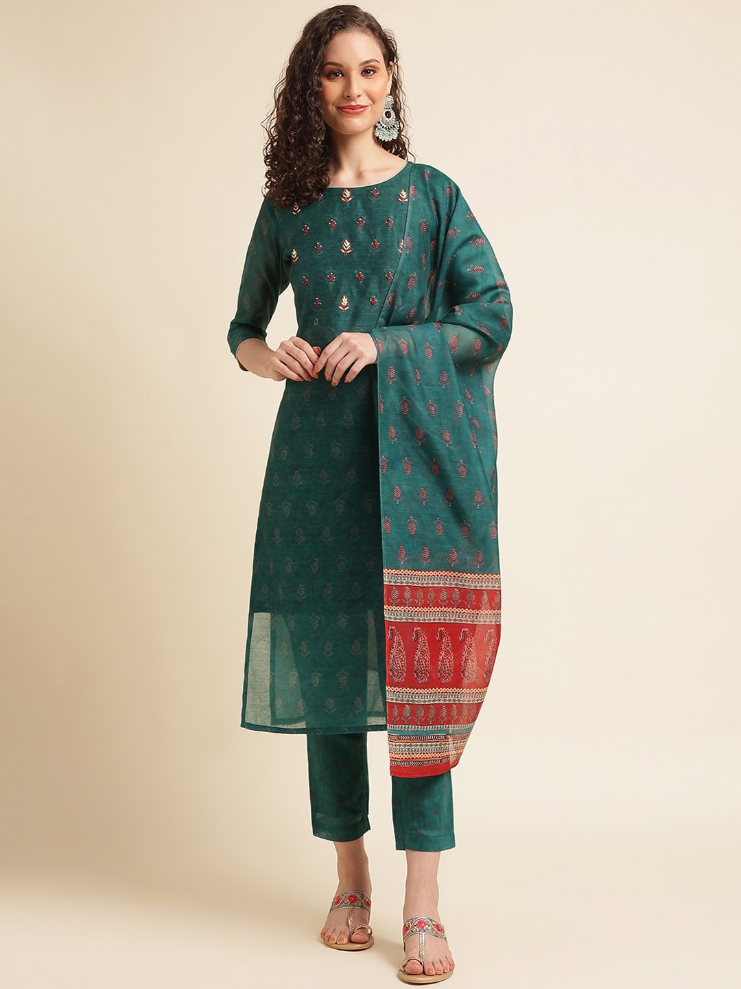 

NAINVISH Floral Printed Thread Work Cotton Silk Kurta With Trousers & Dupatta, Green