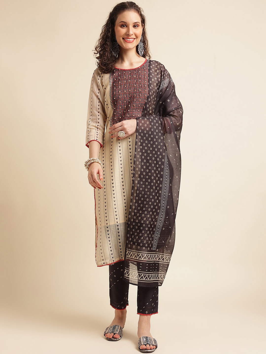 

NAINVISH Ethnic Motifs Printed Thread Work Cotton Silk Kurta With Trousers & Dupatta, Cream