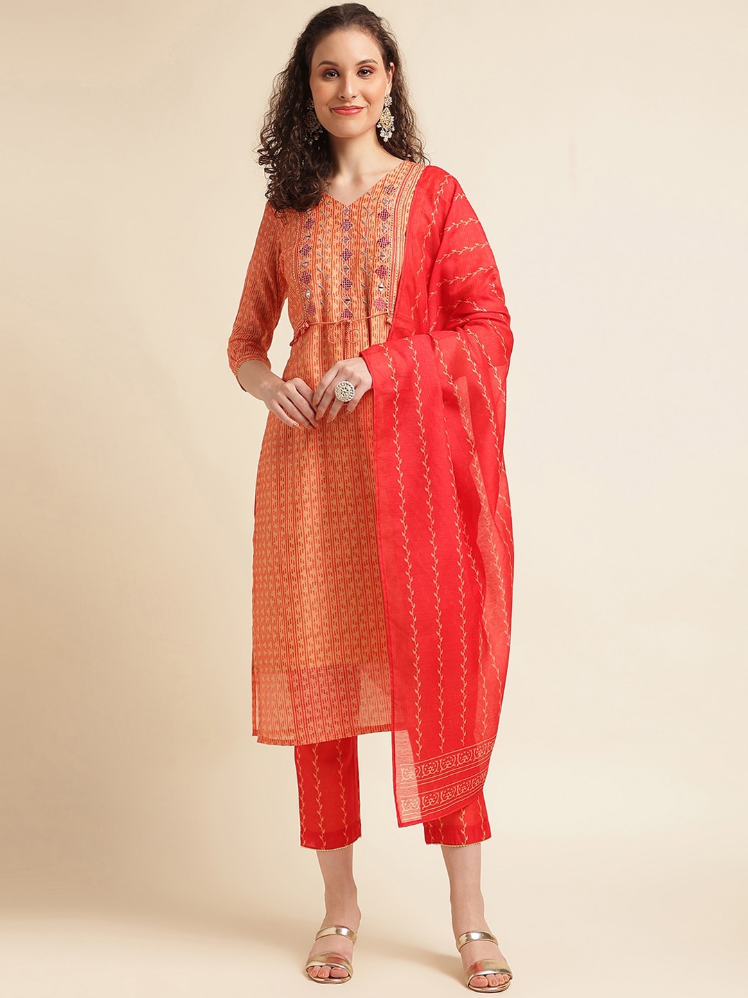 

NAINVISH Geometric Printed V-Neck Thread Work Cotton Silk Kurta With Trousers & Dupatta, Orange