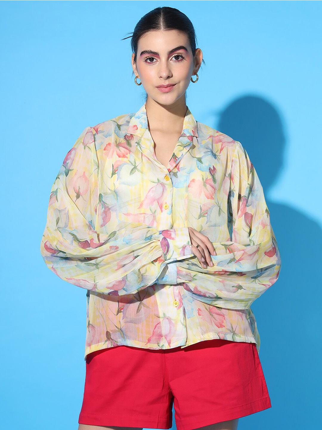 

Cation Floral Printed Classic Oversized Semi Sheer Chiffon Casual Shirt, Cream