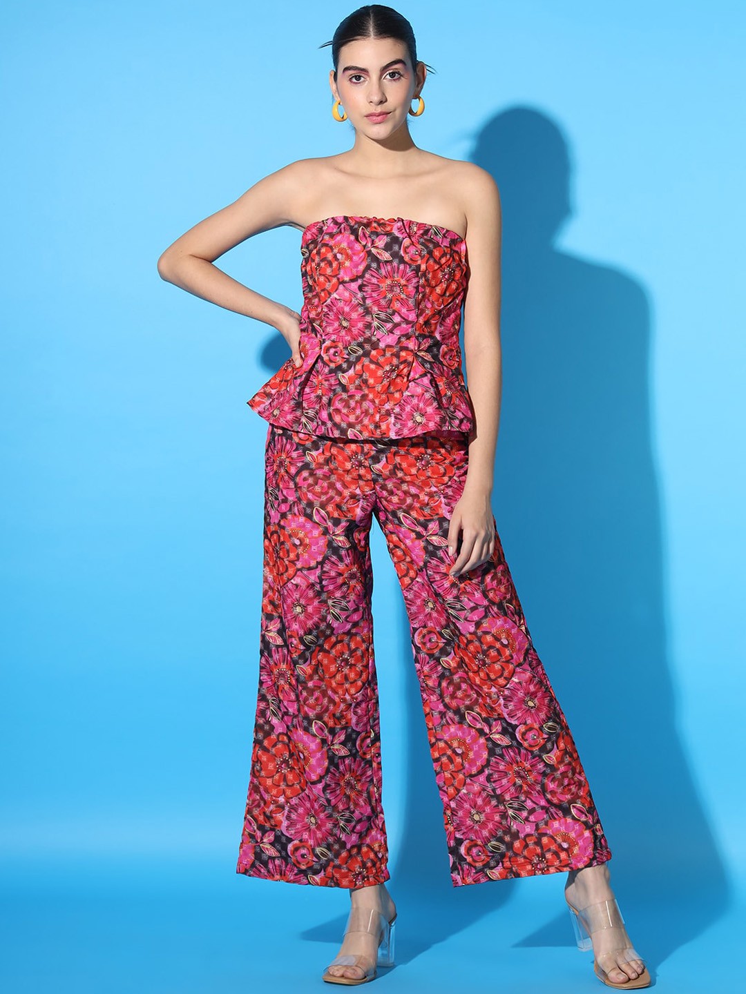 

Cation Pink Floral Printed Strapless Tube Top & Palazoo