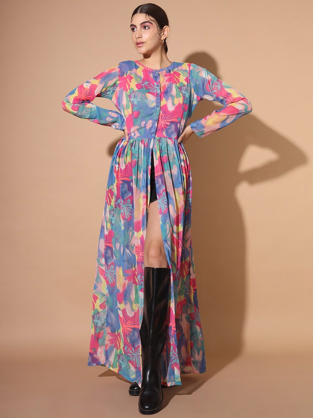 

Cation Floral Printed Round Neck Maxi Top, Blue