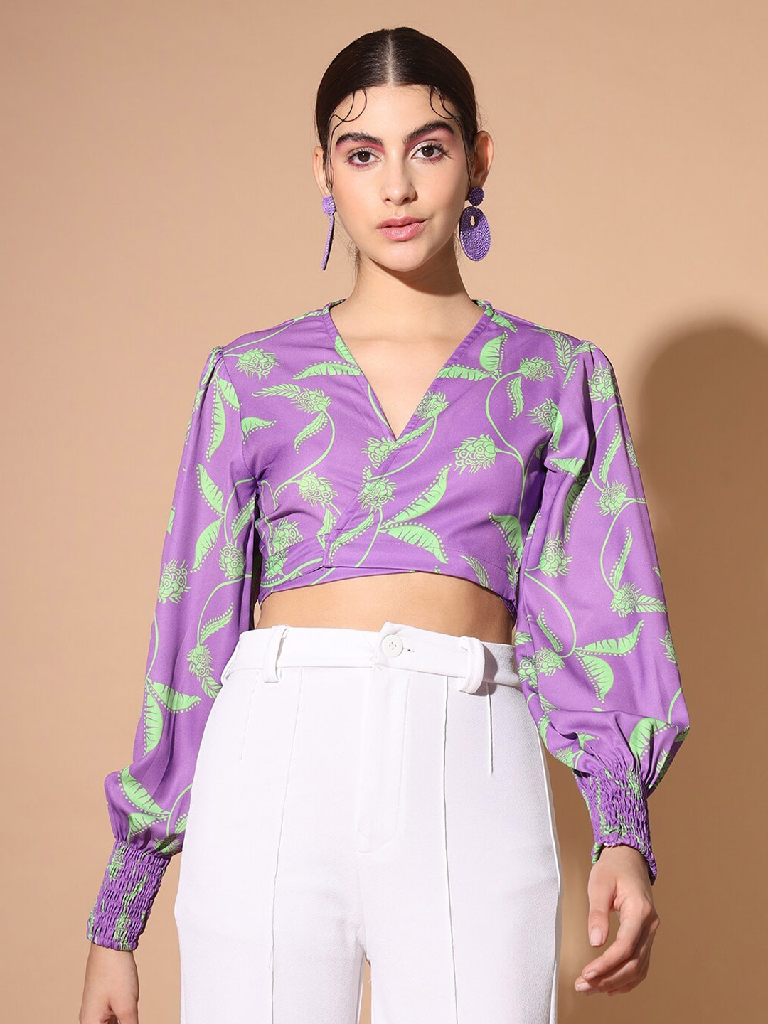 

Cation Floral Printed Kimono Sleeve Crop Top, Purple