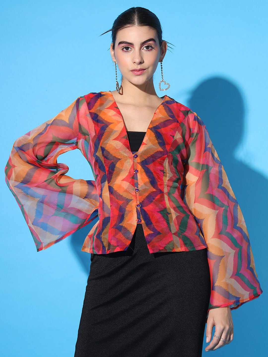 

Cation Abstract Printed Flared Sleeve Top, Orange