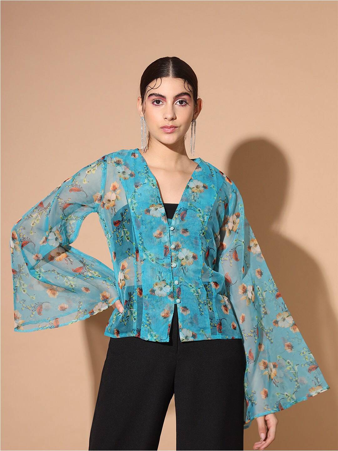 

Cation Floral Printed Flared Sleeve Top, Blue