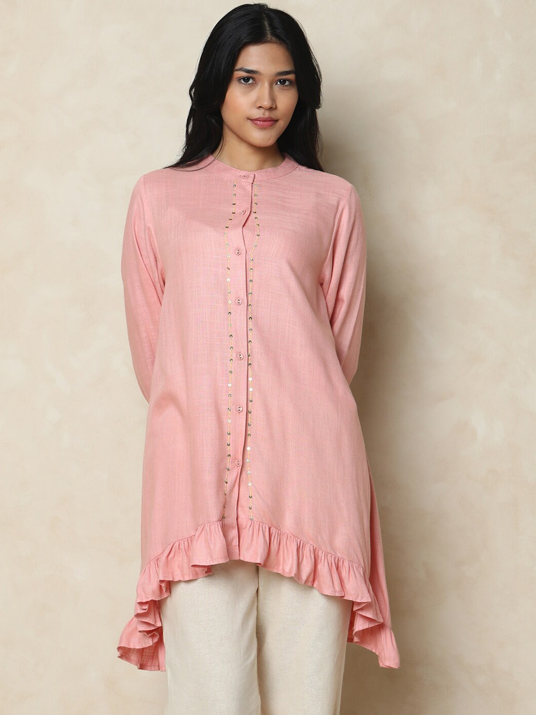 

Indifusion Mandarin Collar Sequinned Kurta, Pink