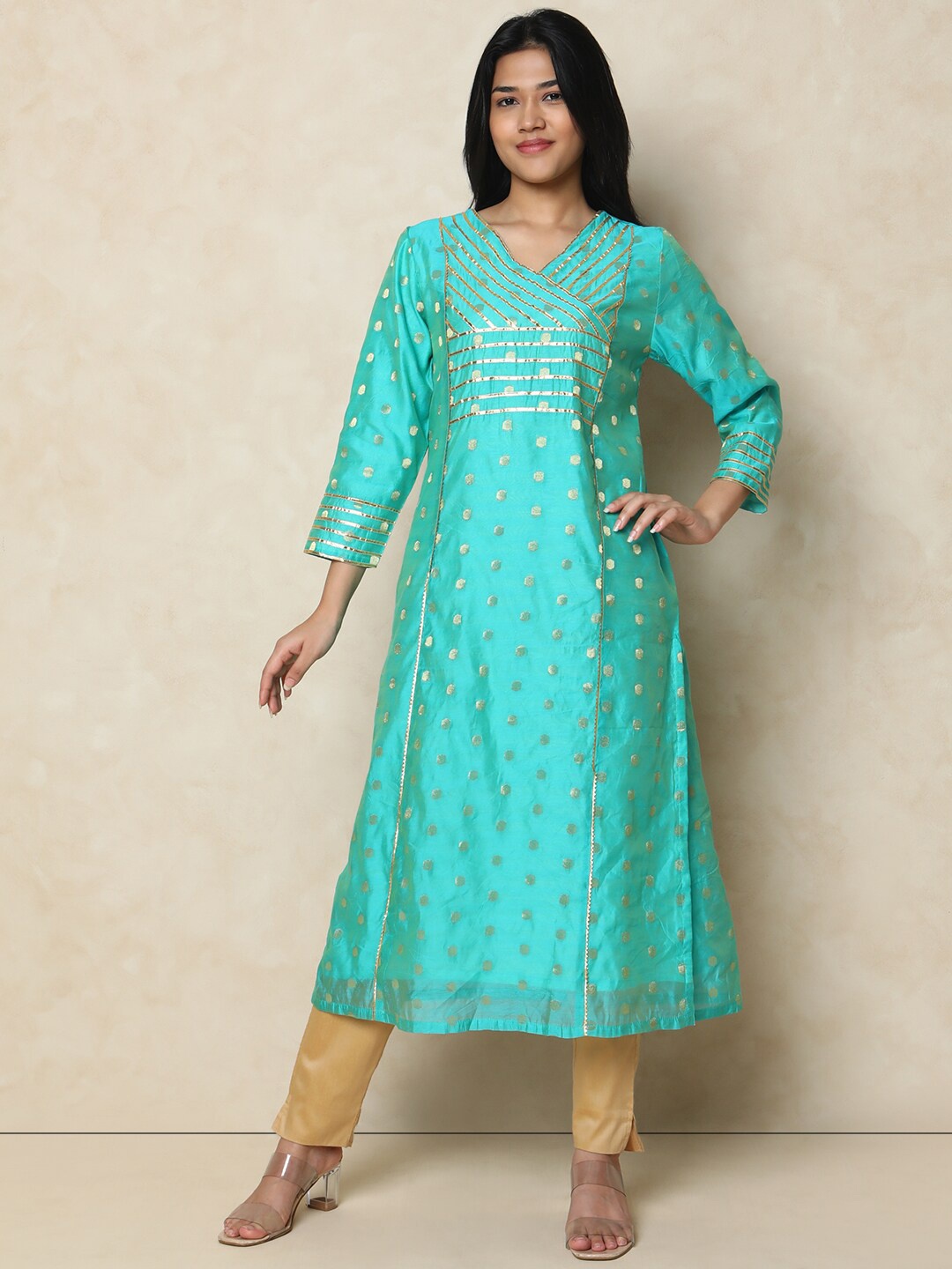 

Indifusion Ethnic Motifs Printed Gotta Patti Chanderi Silk Straight Kurta, Green